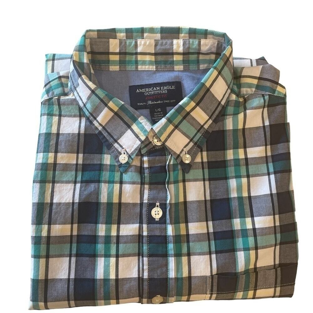 American Eagle Plaid Button Down Mens Large Teal Athletic Fit Long Sleeve Shirt